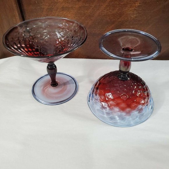 2 Handblown Diamond Optic Blue Red Champagne Coupes quilted footed sherbet - Picture 5 of 12